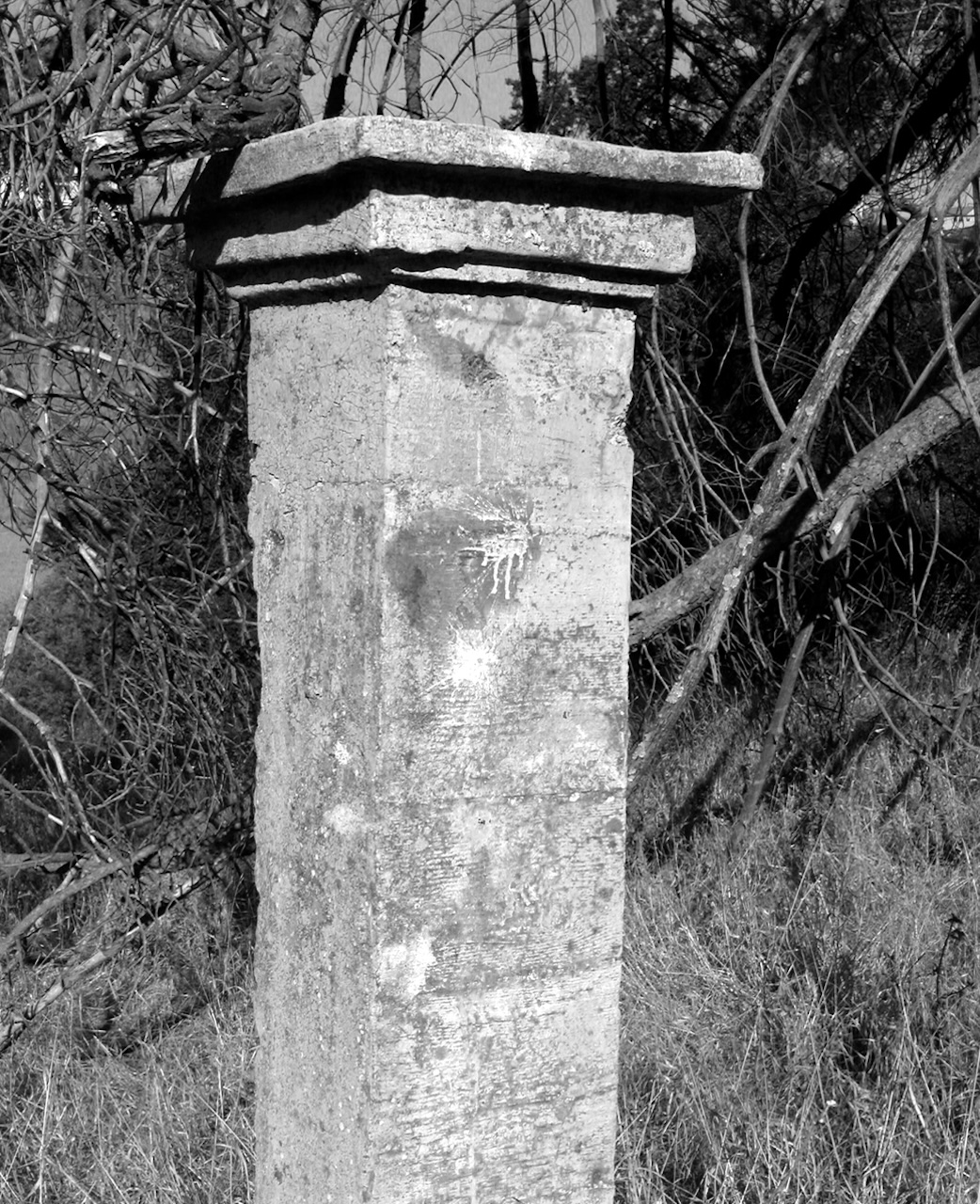 Vandalized pillar at Fitch Ranch (2003, by the creators)