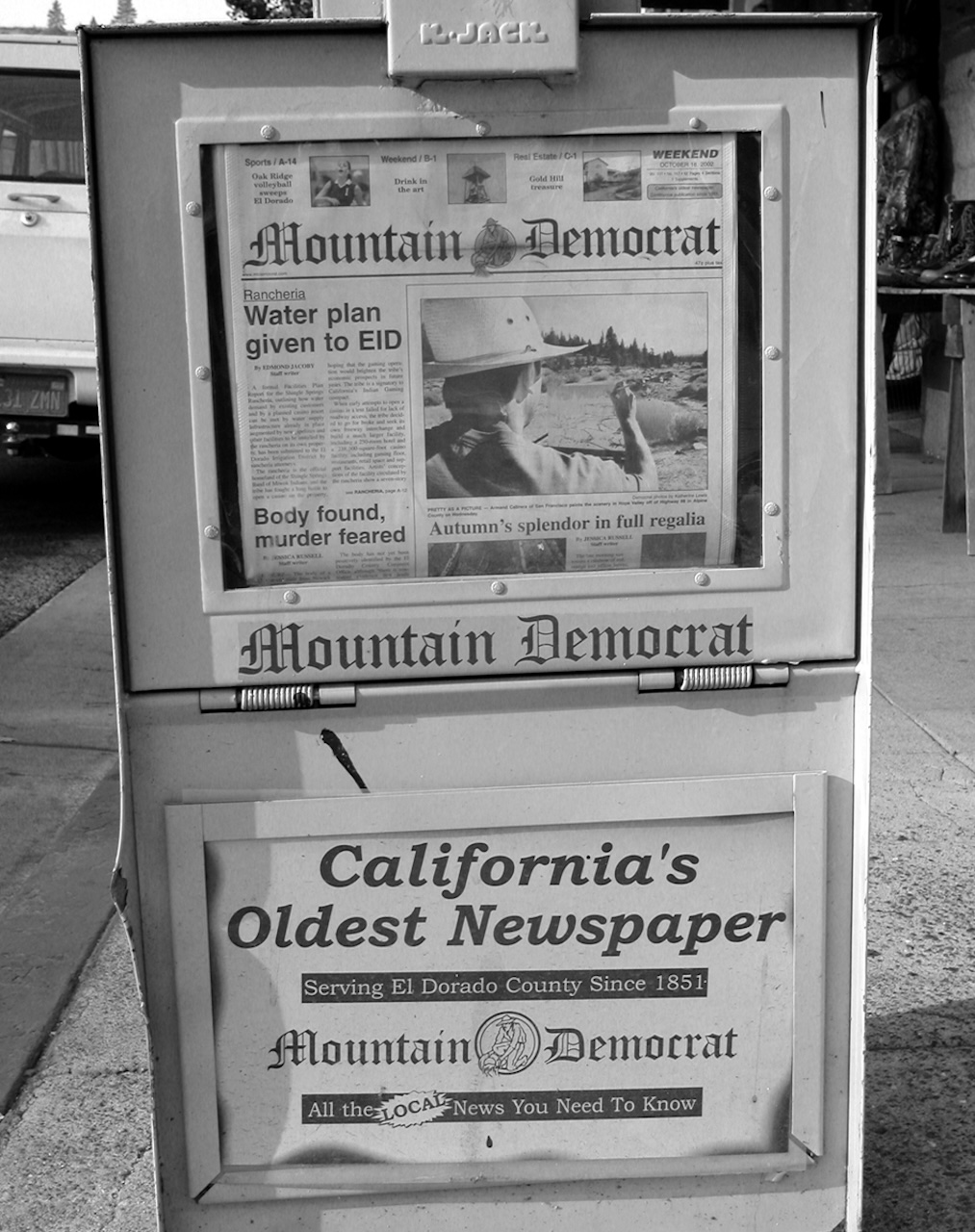 Mountain Democrat newspaper stand (2003, by the creators)