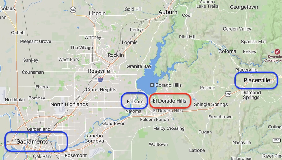 Map of El Dorado Hills, California and environs (2025, by Mapcarta)